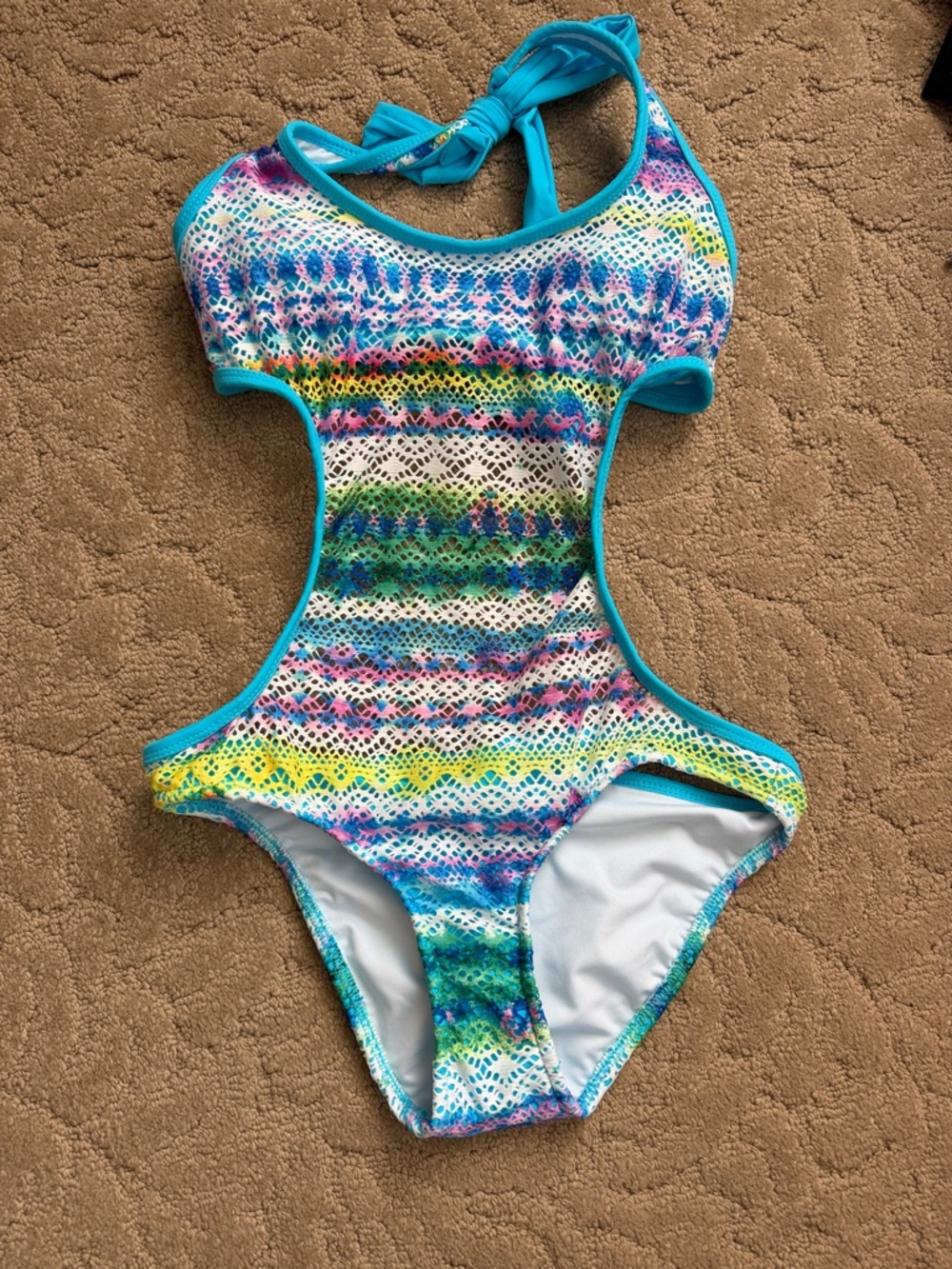 Venus Colorful Lace-Pattern Cutout One-Piece Swimsuit - Turquoise Trim